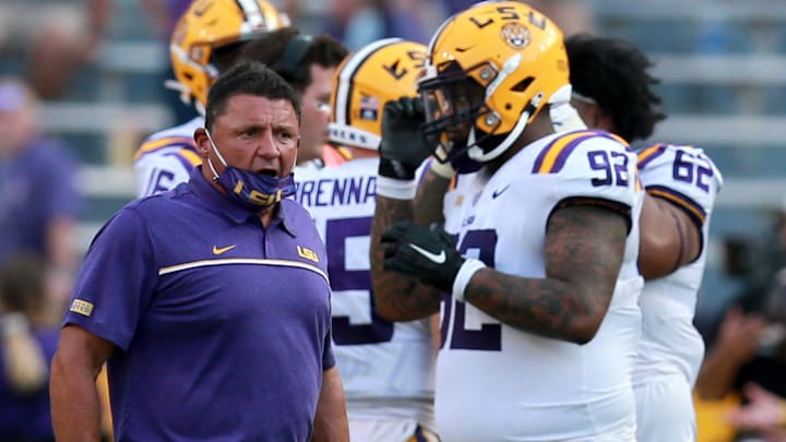 BATON ROUGE, LOUISIANA – SEPTEMBER 26: Head coach Ed Orgeron of the LSU Tigers looks on as his team takes on the Mississippi State Bulldogs during a NCAA football game at Tiger Stadium on September 26, 2020 in Baton Rouge, Louisiana. (Photo by Sean Gardner/Getty Images)