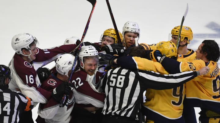 NASHVILLE, TN – APRIL 12: The Colorado Avalanche and the Nashville Predators clash seconds after the Predators won 5-2 the first game of round one of the Stanley Cup Playoffs at Bridgestone Arena April 12, 2018. (Photo by Andy Cross/The Denver Post via Getty Images)