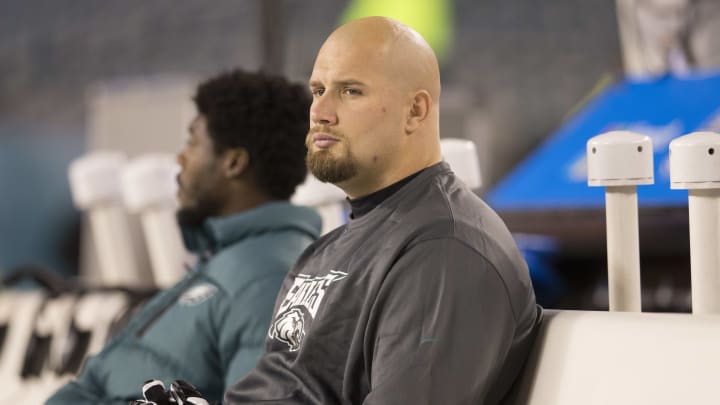 PHILADELPHIA, PA – DECEMBER 26: Lane Johnson #65 of the Philadelphia Eagles sits on the bench prior to the game against the Washington Redskins on December 26, 2015 at Lincoln Financial Field in Philadelphia, Pennsylvania. (Photo by Mitchell Leff/Getty Images)
