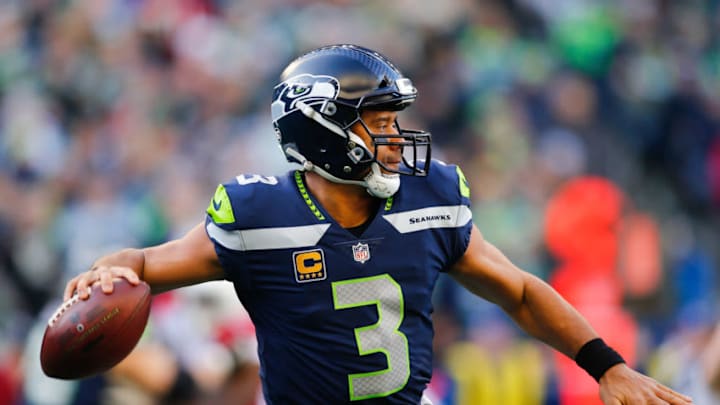 SEATTLE, WA - DECEMBER 31: Quarterback Russell Wilson #3 of the Seattle Seahawks passes the ball during the first half of the game against the Arizona Cardinals at CenturyLink Field on December 31, 2017 in Seattle, Washington. (Photo by Jonathan Ferrey/Getty Images)