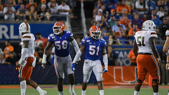 ORLANDO, FL – AUGUST 24: Jonathan Greenard #58 and Ventrell Miller #51 of the Florida Gators in action against the Miami Hurricanes in the Camping World Kickoff at Camping World Stadium on August 24, 2019 in Orlando, Florida.(Photo by Mark Brown/Getty Images)