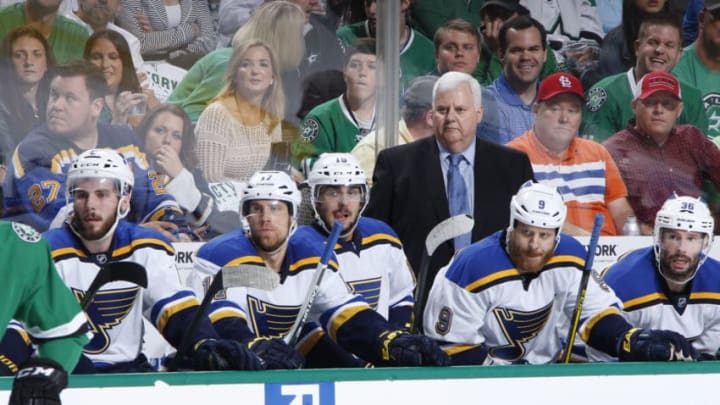 DALLAS, TX - APRIL 29: Ken Hitchcock, head coach of the St. Louis Blues watches the action from the bench against the Dallas Stars in Game One of the Western Conference Second Round during the 2016 NHL Stanley Cup Playoffs at the American Airlines Center on April 29, 2016 in Dallas, Texas. (Photo by Glenn James/NHLI via Getty Images)