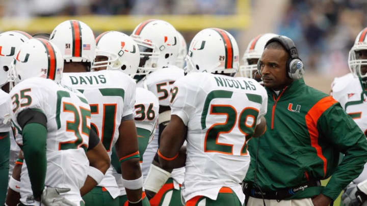 DURHAM, NC - OCTOBER 18: Head coach Randy Shannon of the Miami Hurricanes talk to his players during the game against the Duke Blue Devils at Wallace Wade Stadium on October 18, 2008 in Durham, North Carolina. (Photo by Kevin C. Cox/Getty Images)