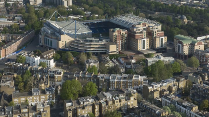 An aerial (drone) view of Chelsea's Stamford Bridge ahead of the Premier League match vs West Ham United (Photo by Ryan Pierse/Getty Images)