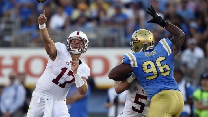 Sep 24, 2016; Pasadena, CA, USA; Stanford Cardinal quarterback Ryan Burns (17) attempts a pass during the first half against the UCLA Bruins at Rose Bowl. Mandatory Credit: Kelvin Kuo-USA TODAY Sports