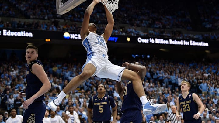 CHAPEL HILL, NORTH CAROLINA – JANUARY 15: Garrison Brooks #15 of the North Carolina Tar Heels misses a dunk as he is fouled during the second half of a game against the Notre Dame Fighting Irish at the Dean Smith Center on January 15, 2019 in Chapel Hill, North Carolina. North Carolina won 75-69. (Photo by Grant Halverson/Getty Images)