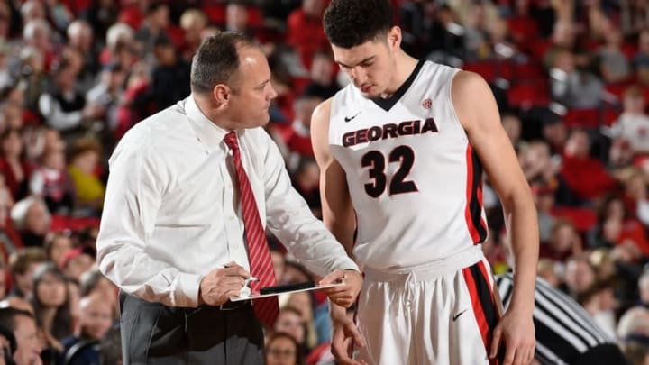 Feb 27, 2016; Athens, GA, USA; Georgia Bulldogs head coach Mark Fox draws a play for forward Mike Edwards (32) during the game against the Mississippi Rebels at Stegeman Coliseum. Georgia defeated Mississippi 80-66. Mandatory Credit: Dale Zanine-USA TODAY Sports