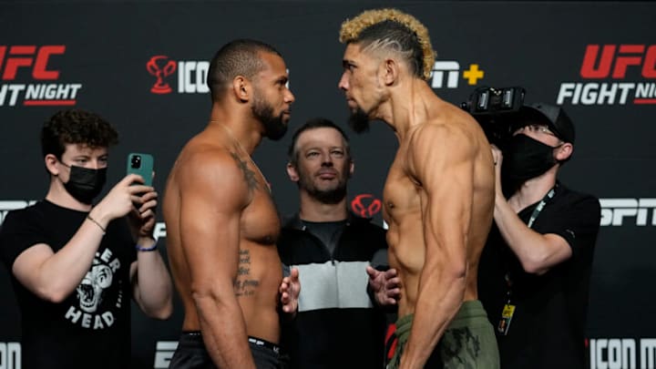 LAS VEGAS, NEVADA - OCTOBER 01: In this handout photo provided by UFC, (L-R) Opponents Thiago Santos of Brazil and Johnny Walker of Brazil face off during the UFC Fight Night weigh-in at UFC APEX on October 01, 2021 in Las Vegas, Nevada. (Photo by Jeff Bottari/Zuffa LLC via Getty Images)