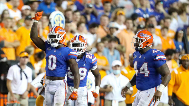 Florida Gators safety Trey Dean III (0) celebrates after a big defensive play during the football game between the Florida Gators and Tennessee Volunteers, at Ben Hill Griffin Stadium in Gainesville, Fla. Sept. 25, 2021.Flgai 092521 Ufvs Tennesseefb 41
