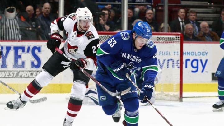 VANCOUVER, BC - APRIL 5: Oliver Ekman-Larsson #23 of the Arizona Coyotes checks Bo Horvat #53 of the Vancouver Canucks during their NHL game at Rogers Arena April 5, 2018 in Vancouver, British Columbia, Canada. (Photo by Jeff Vinnick/NHLI via Getty Images)"n
