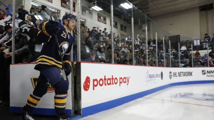CLINTON, NY - SEPTEMBER 25: Sam Reinhart #23 of the Buffalo Sabres walks onto the rink before a preseason game against the Columbus Blue Jackets during the NHL Kraft Hockeyville USA at Clinton Arena on September 25, 2018 in Clinton, New York. (Photo by Patrick McDermott/NHLI via Getty Images)
