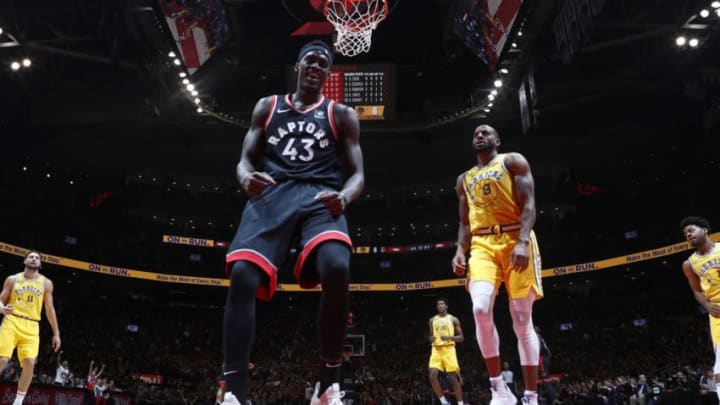 TORONTO, CANADA - NOVEMBER 29: Pascal Siakam #43 of the Toronto Raptors reacts to a play during the game against the Golden State Warriors on November 29, 2018 at Scotiabank Arena in Toronto, Ontario, Canada. NOTE TO USER: User expressly acknowledges and agrees that, by downloading and/or using this photograph, user is consenting to the terms and conditions of the Getty Images License Agreement. Mandatory Copyright Notice: Copyright 2018 NBAE (Photo by Mark Blinch/NBAE via Getty Images)