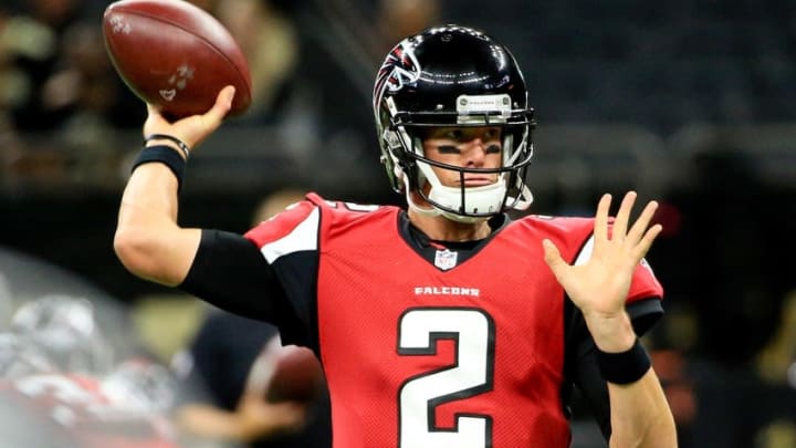 Sep 26, 2016; New Orleans, LA, USA; Atlanta Falcons quarterback Matt Ryan (2) throws the ball prior to the game against the New Orleans Saints at the Mercedes-Benz Superdome. Mandatory Credit: Derick E. Hingle-USA TODAY Sports