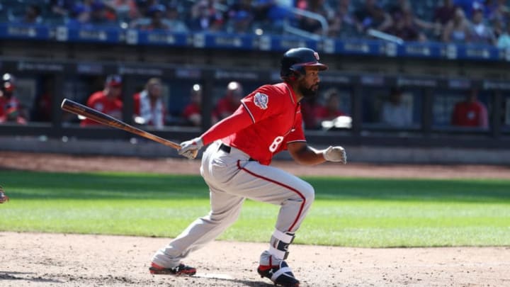 NEW YORK, NY - JULY 15: Brian Goodwin #8 of the Washington Nationals bas against the New York Mets during their game at Citi Field on July 15, 2018 in New York City. (Photo by Al Bello/Getty Images)