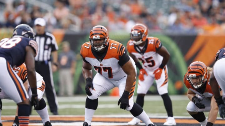 CINCINNATI, OH - AUGUST 09: Cordy Glenn #77 of the Cincinnati Bengals in action during a preseason game against the Chicago Bears at Paul Brown Stadium on August 9, 2018 in Cincinnati, Ohio. (Photo by Joe Robbins/Getty Images)