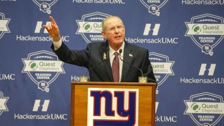 Jan 5, 2016; East Rutherford, NJ, USA; New York Giants former head coach Tom Coughlin addresses the media during a press conference at Quest Diagnostics Training Center. Mandatory Credit: Jim O