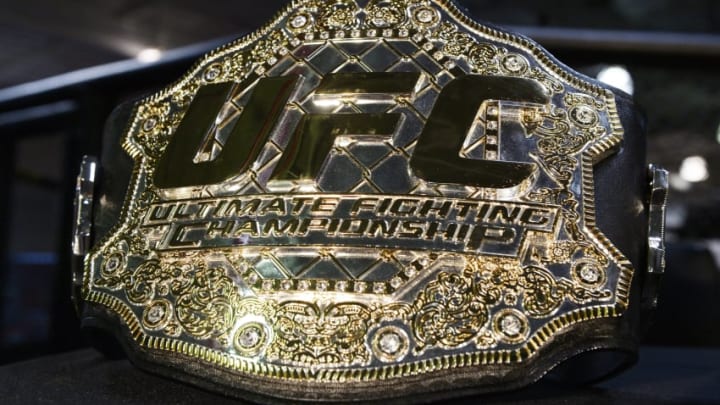 TORRENCE, CA - FEBRUARY 24: UFC championship belt is on display during a news conference between UFC featherweight champion Conor McGregor and lightweight contender Nate Diaz at UFC Gym February 24, 2016, in Torrance, California. (Photo by Kevork Djansezian/Getty Images)
