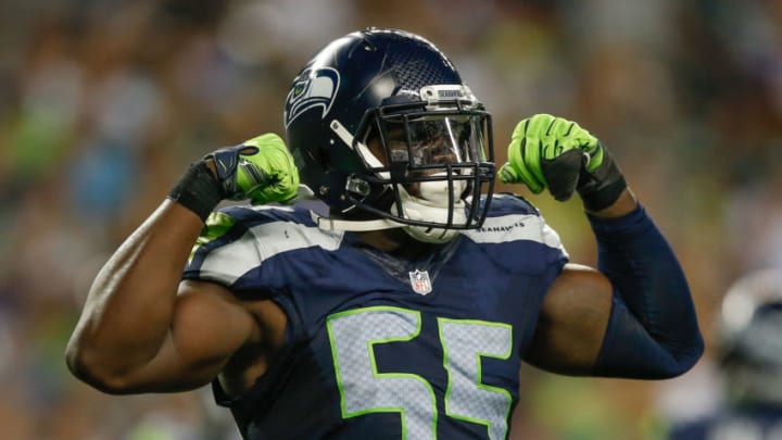 SEATTLE, WA - AUGUST 18: Defensive end Frank Clark #55 of the Seattle Seahawks reacts after making a stop against the Minnesota Vikings at CenturyLink Field on August 18, 2016 in Seattle, Washington. (Photo by Otto Greule Jr/Getty Images)