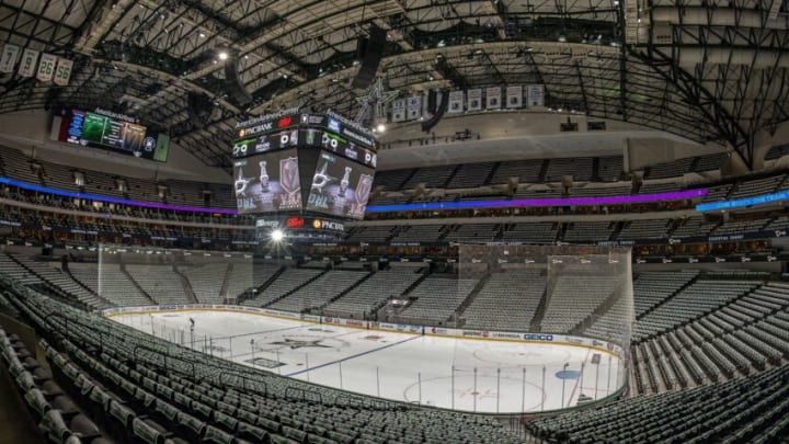 May 23, 2023; Dallas, Texas, USA; A view of the arena and the ice and rally towels before the game between the Dallas Stars and the Vegas Golden Knights in game three of the Western Conference Finals of the 2023 Stanley Cup Playoffs at American Airlines Center. Mandatory Credit: Jerome Miron-USA TODAY Sports