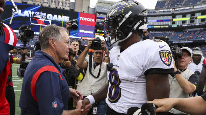 Head coach Bill Belichick of the New England Patriots shakes hands with quarterback Lamar Jackson #8 of the Baltimore Ravens after Baltimore's 37-26 win at Gillette Stadium on September 25, 2022 in Foxborough, Massachusetts. (Photo by Maddie Meyer/Getty Images)