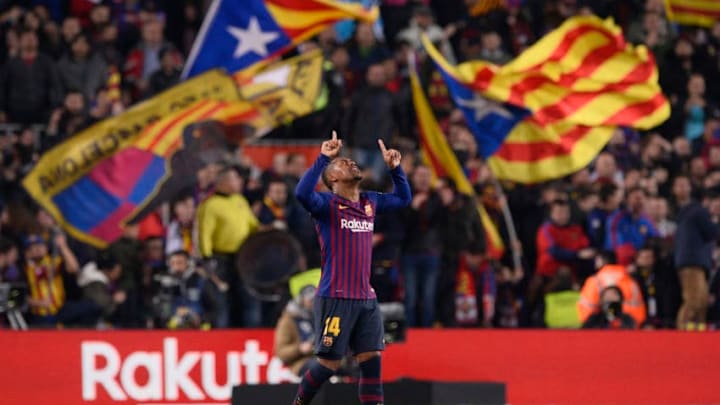 Barcelona's Brazilian midfielder Malcom celebrates his goal during the Spanish Copa del Rey (King's Cup) semi-final first leg football match between FC Barcelona and Real Madrid CF at the Camp Nou stadium in Barcelona on February 6, 2019. (Photo by Josep LAGO / AFP) (Photo credit should read JOSEP LAGO/AFP/Getty Images)