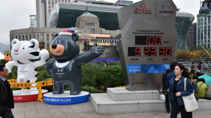 SEOUL, SOUTH KOREA - NOVEMBER 1, 2017: Soohorang (L) and Bandabi, the mascots of the PyeongChang 2018 Olympic and Paralympic Winter Games, and a clock counting down the time until the 2018 Winter Olympics in Pyeongchang, in Gwanghwamun Square. Stanislav Varivoda/TASS (Photo by Stanislav Varivoda\TASS via Getty Images)