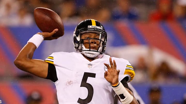 EAST RUTHERFORD, NJ - AUGUST 11: Quarterback Joshua Dobbs #5 of the Pittsburgh Steelers attempts a pass against the New York Giants during the second quarter of an NFL preseason game at MetLife Stadium on August 11, 2017 in East Rutherford, New Jersey. (Photo by Rich Schultz/Getty Images)
