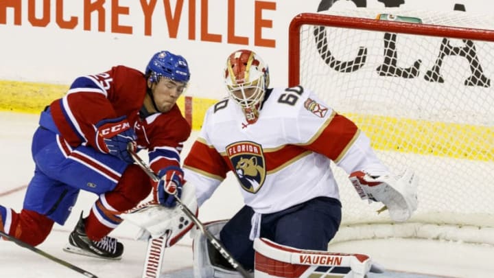 BATHURST, NEW BRUNSWICK - SEPTEMBER 18: Ryan Poehling #25 of the Montreal Canadiens shoots against Chris Driedger #60 of the Florida Panthers during the second period at the K.C. Irving Regional Centre on September 18, 2019 in Bathurst, New Brunswick, Canada. (Photo by Dave Sandford/NHLI via Getty Images)