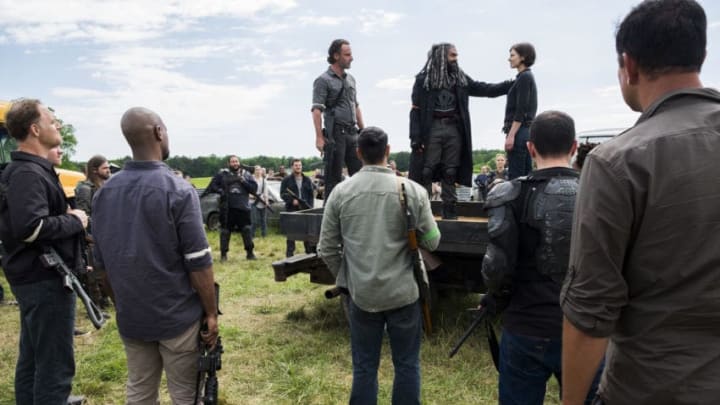 Tom Payne as Paul 'Jesus' Rovia, Andrew Lincoln as Rick Grimes, Khary Payton as Ezekiel, Ross Marquand as Aaron, Lauren Cohan as Maggie Greene - The Walking Dead _ Season 8, Episode 1 - Photo Credit: Gene Page/AMC