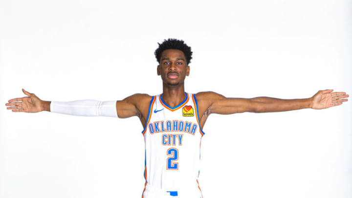 OKC Thunder: Shai Gilgeous-Alexander #2 Thunder poses for a portrait during media day (Photo by Zach Beeker/NBAE via Getty Images)