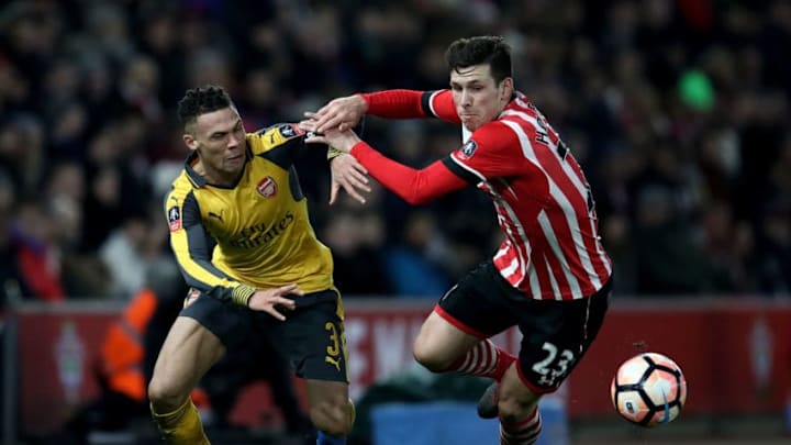 SOUTHAMPTON, ENGLAND - JANUARY 28: Kieran Gibbs of Arsenal and Pierre-Emile Hojbjerg of Southampton in action during the Emirates FA Cup Fourth Round match between Southampton and Arsenal at St Mary's Stadium on January 28, 2017 in Southampton, England. (Photo by Julian Finney/Getty Images)