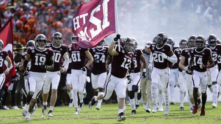 COLLEGE STATION, TEXAS - NOVEMBER 02: Braden White #12 of the Texas A&M Aggies leads his team onto the field to play the UTSA Roadrunners at Kyle Field on November 02, 2019 in College Station, Texas. (Photo by Bob Levey/Getty Images)