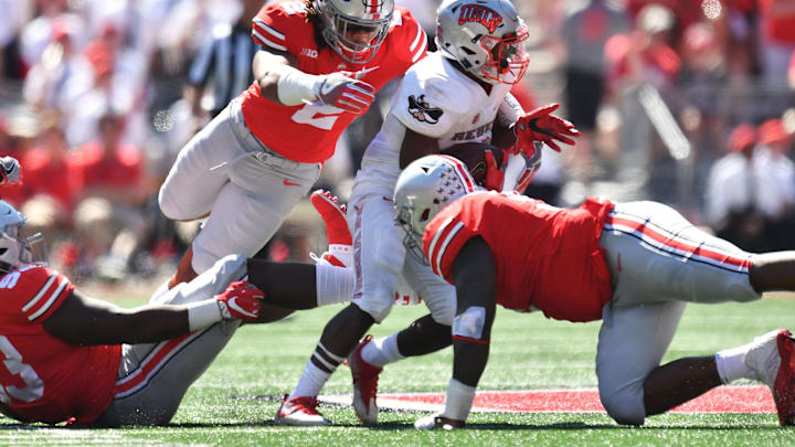 COLUMBUS, OH – SEPTEMBER 23: Chase Young #2 of the Ohio State Buckeyes dives to make a tackle on Lexington Thomas of the UNLV Rebels in the second quarter at Ohio Stadium on September 23, 2017 in Columbus, Ohio. (Photo by Jamie Sabau/Getty Images)