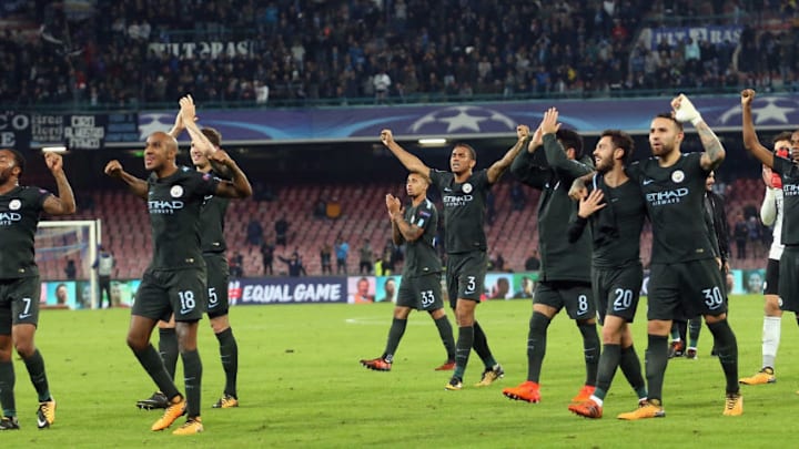 NAPLES, ITALY - NOVEMBER 01: Players of Manchester City celebrate after the UEFA Champions League group F match between SSC Napoli and Manchester City at Stadio San Paolo on November 1, 2017 in Naples, Italy. (Photo by Maurizio Lagana/Getty Images)