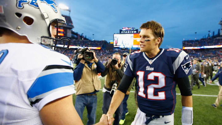 FOXBORO, MA - NOVEMBER 23: Tom Brady #12 of the New England Patriots shakes hands with Matthew Stafford #9 of the Detroit Lions after a game at Gillette Stadium on November 23, 2014 in Foxboro, Massachusetts. (Photo by Jared Wickerham/Getty Images) FOXBORO, MA - NOVEMBER 23: Tom Brady #12 of the New England Patriots shakes hands with Matthew Stafford #9 of the Detroit Lions after a game at Gillette Stadium on November 23, 2014 in Foxboro, Massachusetts. (Photo by Jared Wickerham/Getty Images)