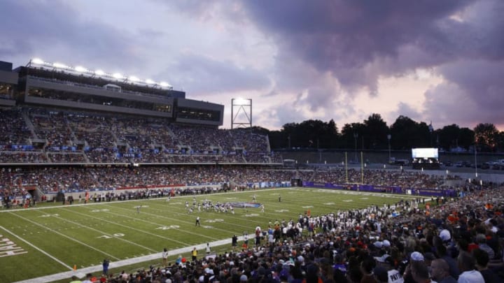 CANTON, OH - AUGUST 02: General view as the sun sets in the first quarter of the Hall of Fame Game between the Baltimore Ravens and Chicago Bears at Tom Benson Hall of Fame Stadium on August 2, 2018 in Canton, Ohio. (Photo by Joe Robbins/Getty Images)