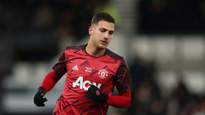 DERBY, ENGLAND - MARCH 05: Diogo Dalot of Manchester United during the FA Cup Fifth Round match between Derby County and Manchester United at Pride Park on March 5, 2020 in Derby, England. (Photo by James Williamson - AMA/Getty Images)