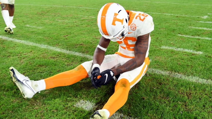 Dec 30, 2021; Nashville, TN, USA; Tennessee Volunteers defensive back Theo Jackson (26) reacts after an overtime loss against the Purdue Boilermakers in the 2021 Music City Bowl at Nissan Stadium. Mandatory Credit: Christopher Hanewinckel-USA TODAY Sports