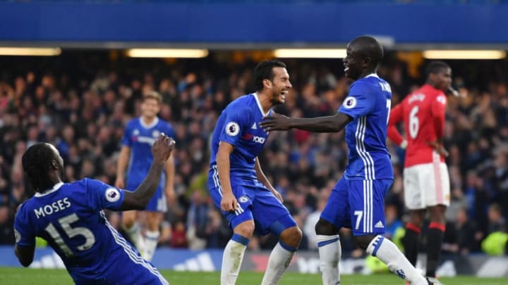 LONDON, ENGLAND - OCTOBER 23: N'Golo Kante of Chelsea celebrates scoring his sides fourth goal with team mates during the Premier League match between Chelsea and Manchester United at Stamford Bridge on October 23, 2016 in London, England. (Photo by Mike Hewitt/Getty Images)