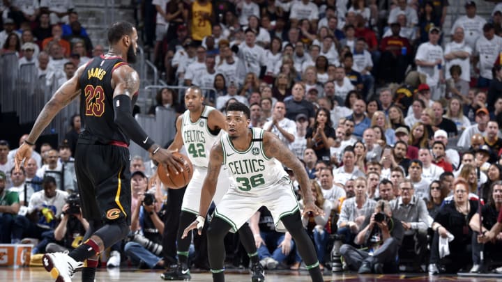 CLEVELAND, OH – MAY 25: Marcus Smart #36 of the Boston Celtics plays defense against the Cleveland Cavaliers in Game Six of the Eastern Conference Finals of the 2018 NBA Playoffs on May 25, 2018 at Quicken Loans Arena in Cleveland, Ohio. NOTE TO USER: User expressly acknowledges and agrees that, by downloading and or using this photograph, user is consenting to the terms and conditions of Getty Images License Agreement. Mandatory Copyright Notice: Copyright 2018 NBAE (Photo by David Liam Kyle/NBAE via Getty Images)