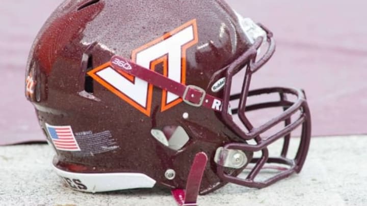 Oct 12, 2013; Blacksburg, VA, USA; A Virginia Tech Hokies helmet lays on the sidelines during the fourth quarter against the Pittsburgh Panthers at Lane Stadium. The Hokies defeated Pitt 19-9. Mandatory Credit: Jeremy Brevard-USA TODAY Sports