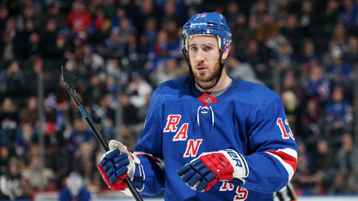 NEW YORK, NY - FEBRUARY 02: Kevin Hayes #13 of the New York Rangers skates against the Tampa Bay Lightning at Madison Square Garden on February 2, 2019 in New York City. The Tampa Bay Lightning won 3-2. (Photo by Jared Silber/NHLI via Getty Images)
