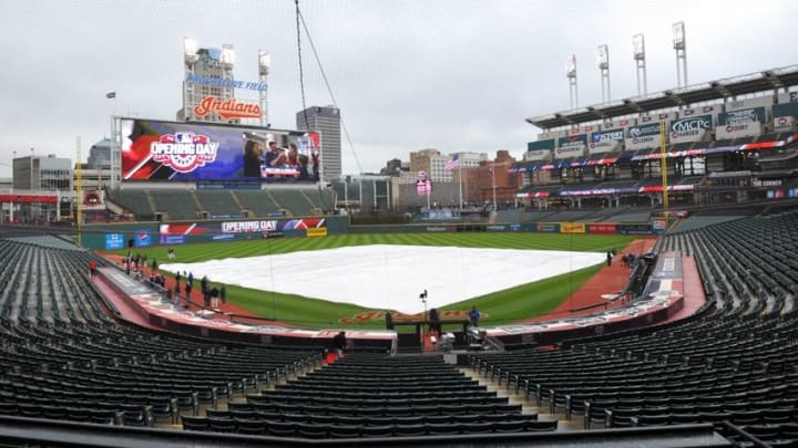 Apr 4, 2016; Cleveland, OH, USA; The field is covered with a tarp before the game between the Cleveland Indians and the Boston Red Sox at Progressive Field. The game between the Boston Red Sox and Cleveland Indians was postponed. Mandatory Credit: Ken Blaze-USA TODAY Sports