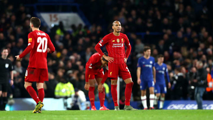 LONDON, ENGLAND - MARCH 03: Fabinho of Liverpool reacts after Chelsea's second goal during the FA Cup Fifth Round match between Chelsea FC and Liverpool FC at Stamford Bridge on March 03, 2020 in London, England. (Photo by Chloe Knott - Danehouse/Getty Images)