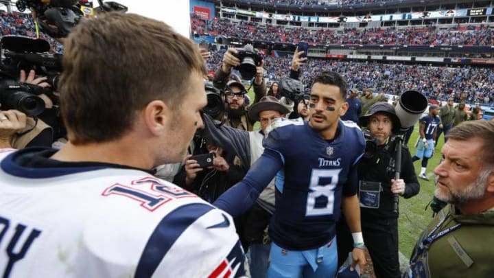 NASHVILLE, TN - NOVEMBER 11: Tom Brady #12 of the New England Patriots and Marcus Mariota #8 of the Tennessee Titans shake hands after the game at Nissan Stadium on November 11, 2018 in Nashville, Tennessee. (Photo by Wesley Hitt/Getty Images)
