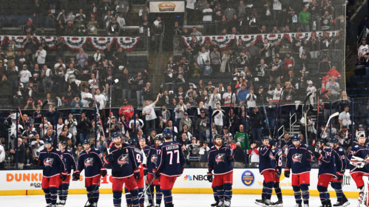 COLUMBUS, OH - APRIL 23: The Columbus Blue Jackets salute their fans following a 6-3 loss against the Washington Capitals in Game Six of the Eastern Conference First Round during the 2018 NHL Stanley Cup Playoffs on April 23, 2018 at Nationwide Arena in Columbus, Ohio. (Photo by Jamie Sabau/NHLI via Getty Images)