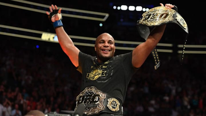 LAS VEGAS, NV - JULY 07: Daniel Cormier celebrates his victory over Stipe Miocic in their UFC heavyweight championship fight during the UFC 226 event inside T-Mobile Arena on July 7, 2018 in Las Vegas, Nevada. (Photo by Josh Hedges/Zuffa LLC/Zuffa LLC via Getty Images)