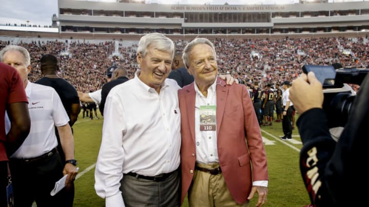 TALLAHASSEE, FL - SEPTEMBER 3: Former Head Coach Frank Beamer of the Virginia Tech Hokies and Former Head Coach Bobby Bowden of the Florida State Seminoles pose for a photo before the game at Doak Campbell Stadium on Bobby Bowden Field on September 3, 2018 in Tallahassee, Florida. The #20 ranked Hokies defeated the #19 ranked Seminoles 24 to 3. (Photo by Don Juan Moore/Getty Images)