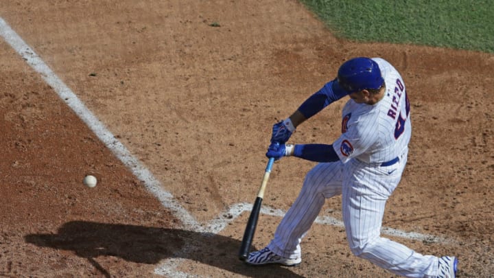 CHICAGO, ILLINOIS - OCTOBER 02: Anthony Rizzo #44 of the Chicago Cubs bats against the Miami Marlins during Game Two of the National League Wild Card Series at Wrigley Field on October 02, 2020 in Chicago, Illinois. (Photo by Jonathan Daniel/Getty Images)
