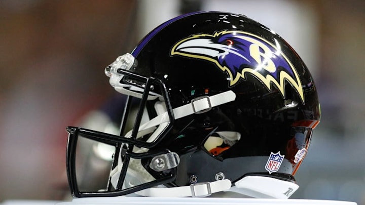 Sep 3, 2015; Atlanta, GA, USA; Detailed view of Baltimore Ravens helmet on the sidelines against the Atlanta Falcons in the third quarter at the Georgia Dome. The Ravens defeated the Falcons 20-19. Mandatory Credit: Brett Davis-USA TODAY Sports